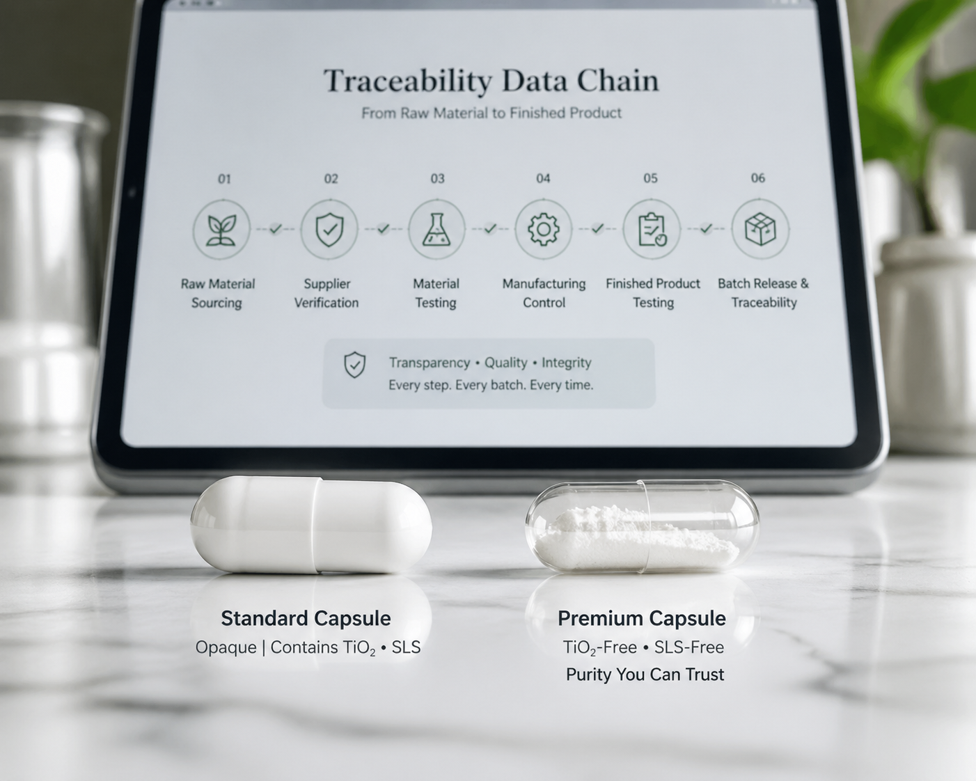 A side-by-side comparison of a standard white capsule and a clear, TiO2-free capsule
