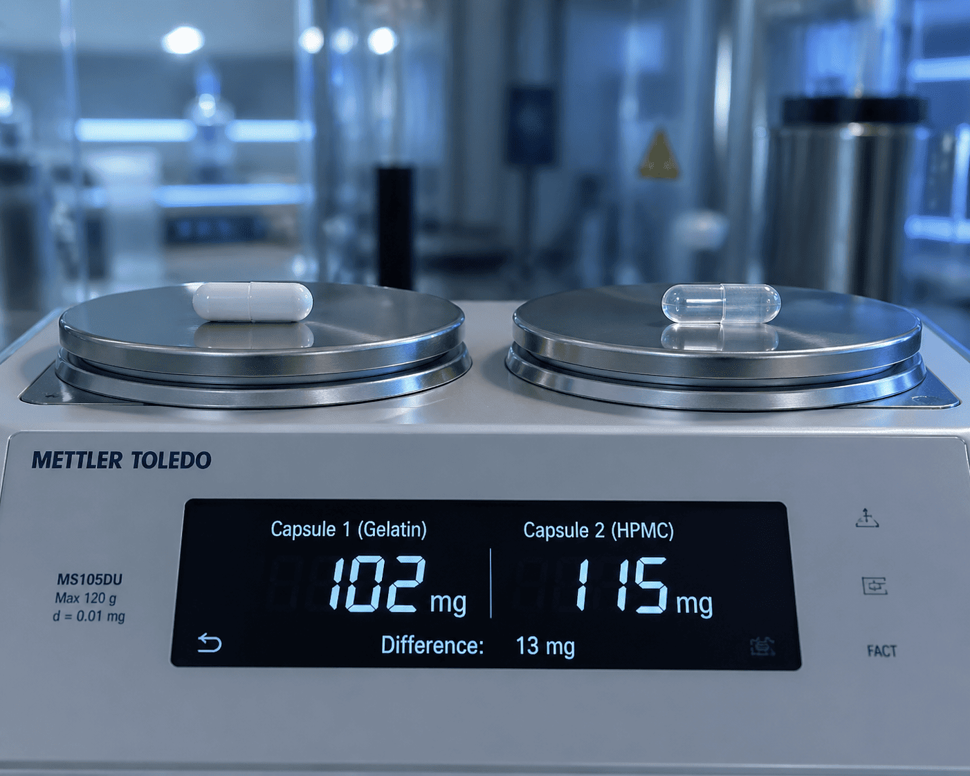 HPMC vs Gelatin Capsule Weight An HPMC capsule and a gelatin capsule on a precision scale