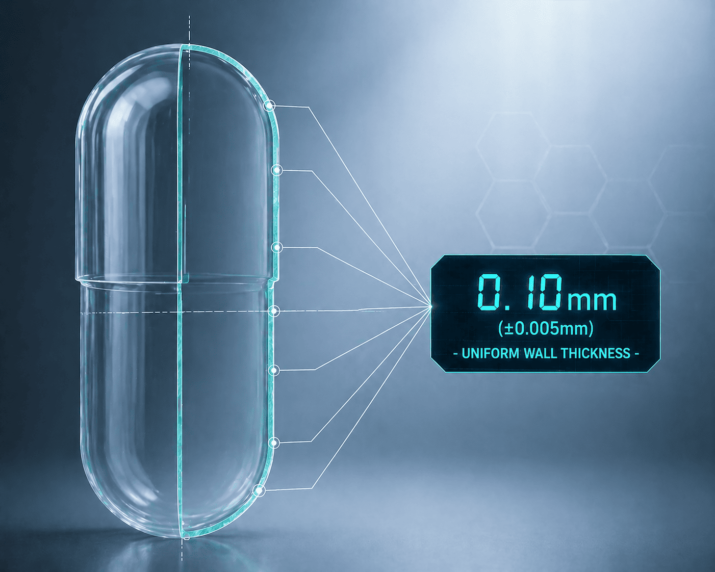 HPMC Capsule Wall Thickness A diagram showing the uniform wall thickness of a Renhe HPMC capsule