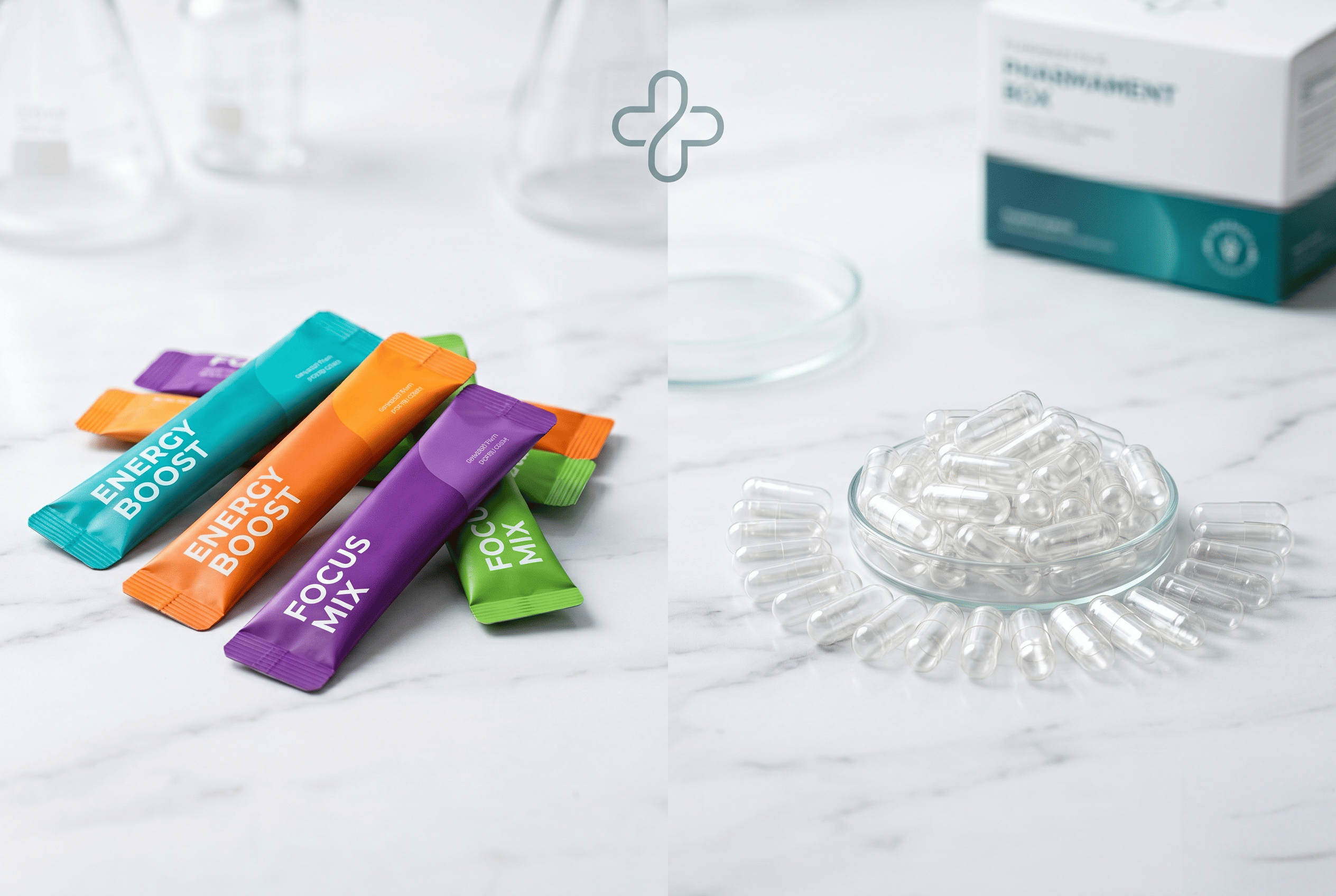 A comparison of colorful supplement powder sticks and clean, simple capsules