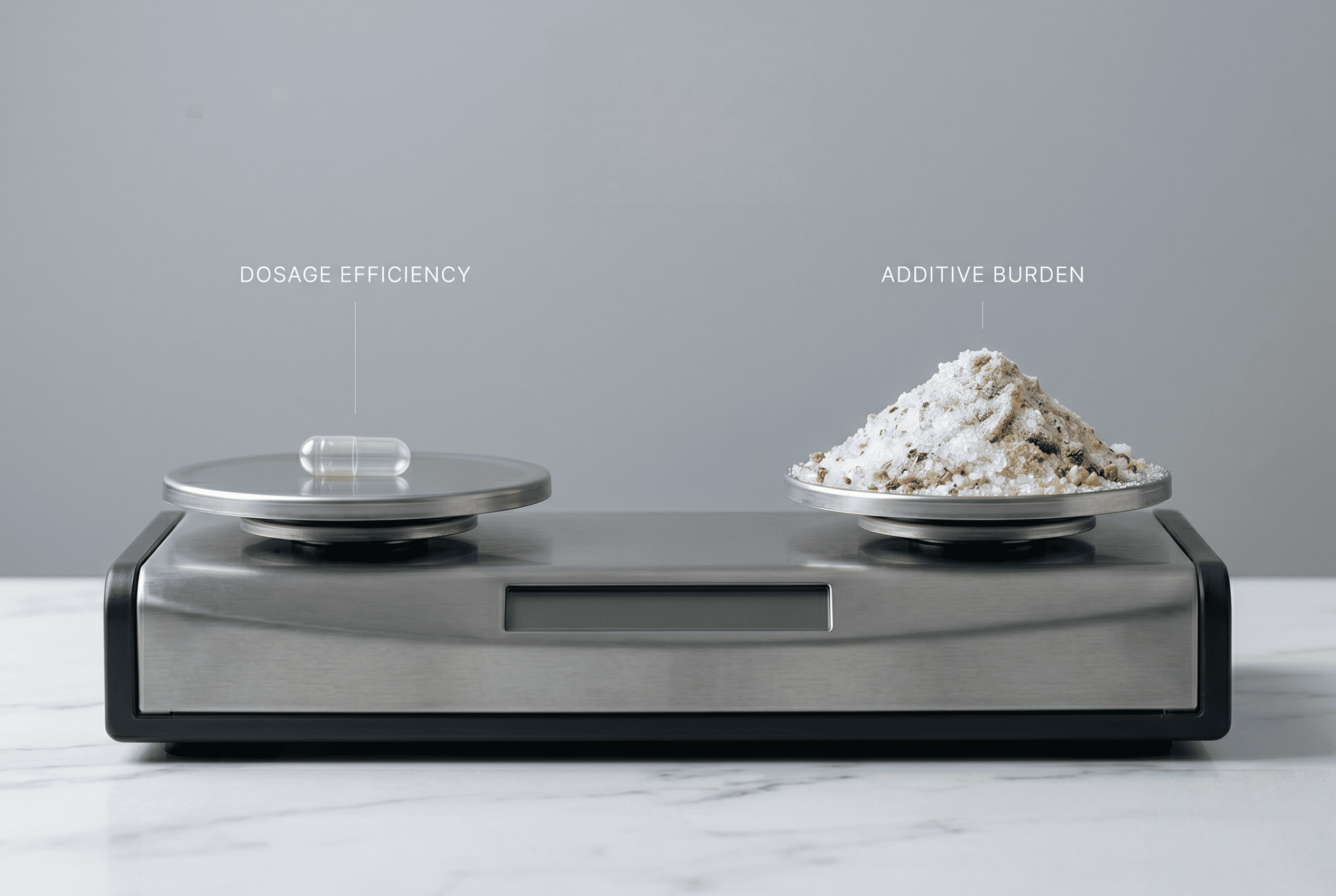 A scale weighing a small capsule against a larger pile of powder